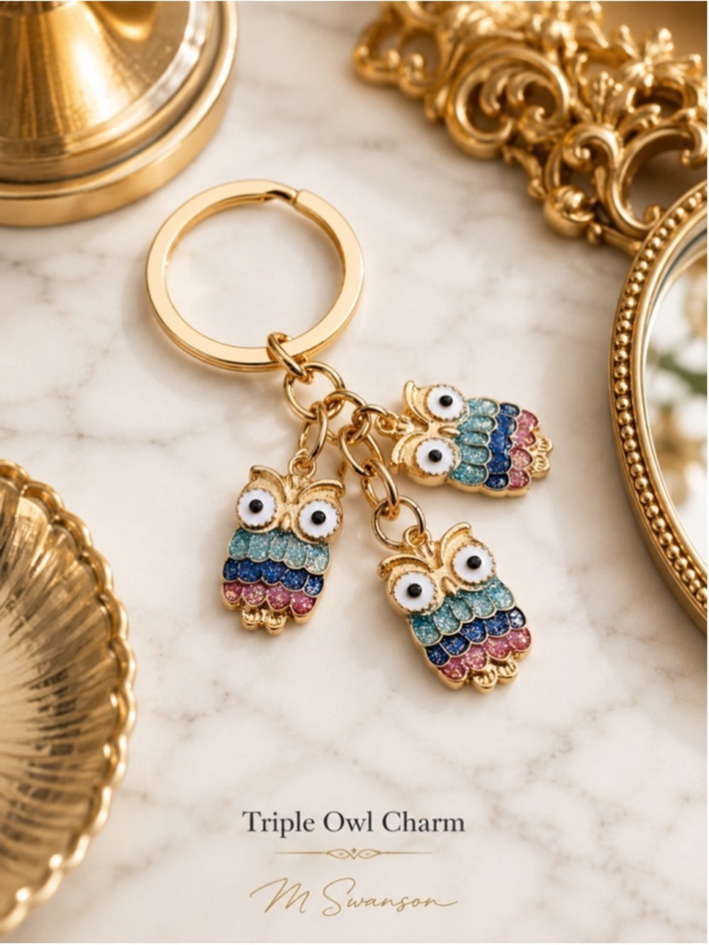 NEW Triple Owl Enamel Keychain Bag Charm Blue Pink Gold